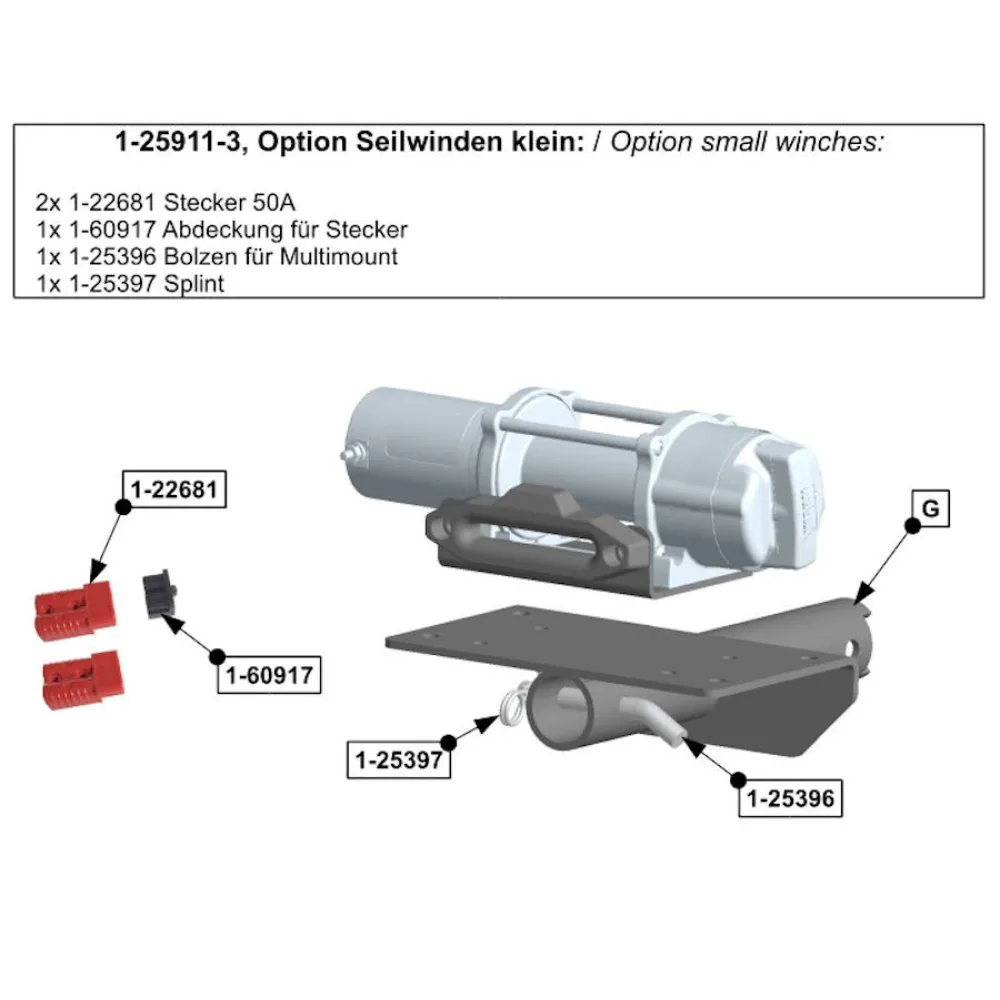 GWTEC Option kleine Seilwinden für Hidden Multi-Mount mit Bolzen und Stecker