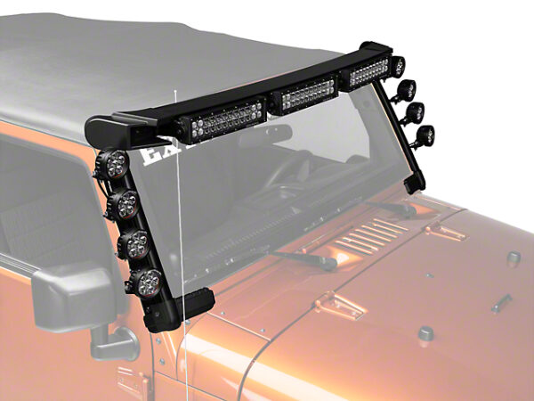 Rugged Ridge Elite Fast Track Windshield Light Bar / LED Halterung Windschutzscheibe Jeep Wrangler JK mit 9 Lampen, 2 Lightbars, Spiegel