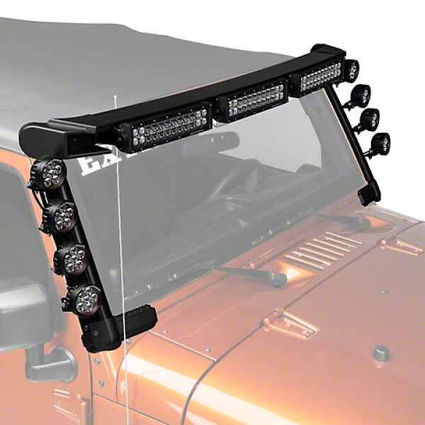 Rugged Ridge Elite Fast Track Windshield Light Bar / LED Halterung Windschutzscheibe Jeep Wrangler JK mit 9 Lampen, 2 Lightbars, Spiegel